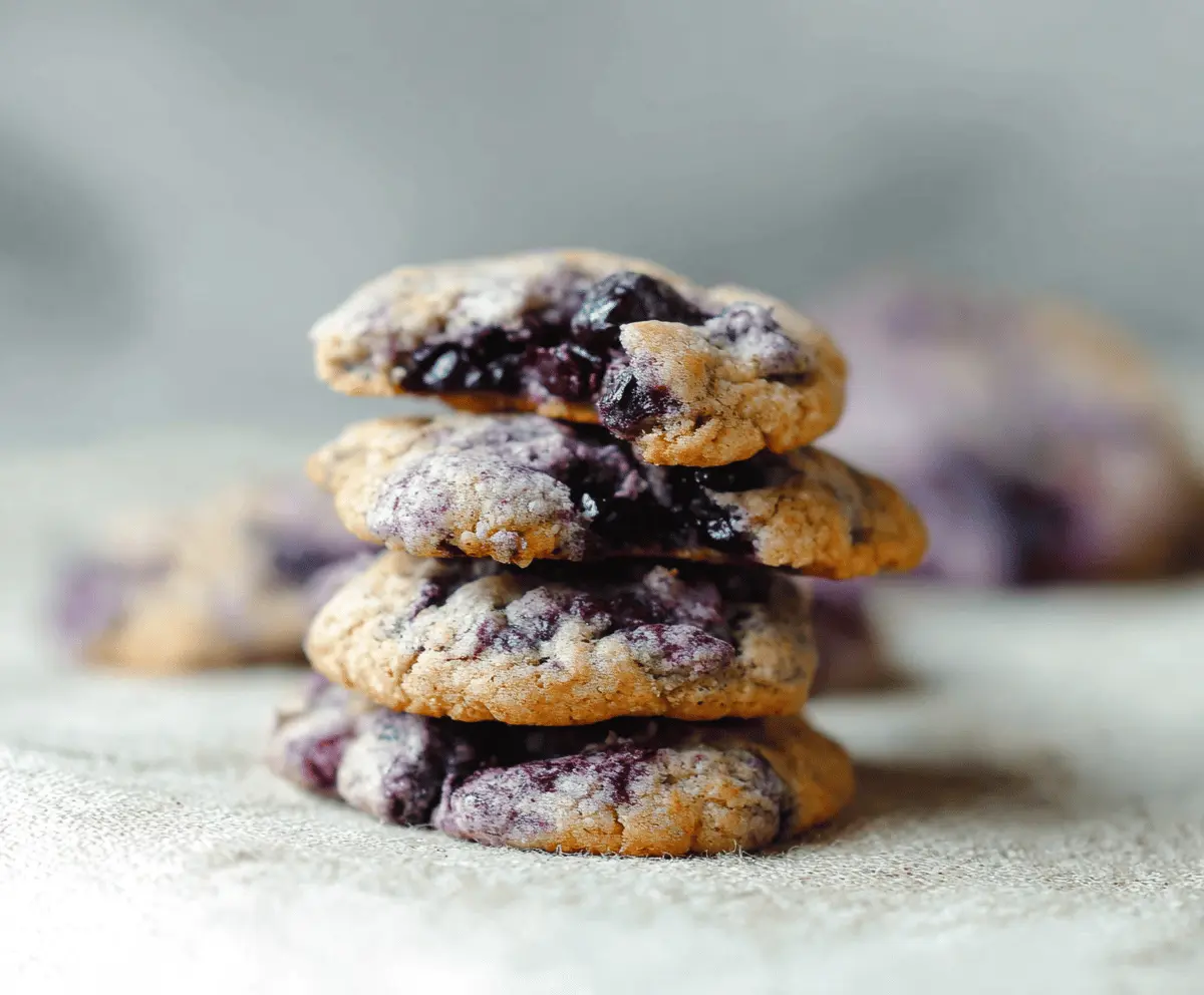 Delicious chewy blueberry cookies topped with fresh blueberries and a light glaze on a rustic wooden surface