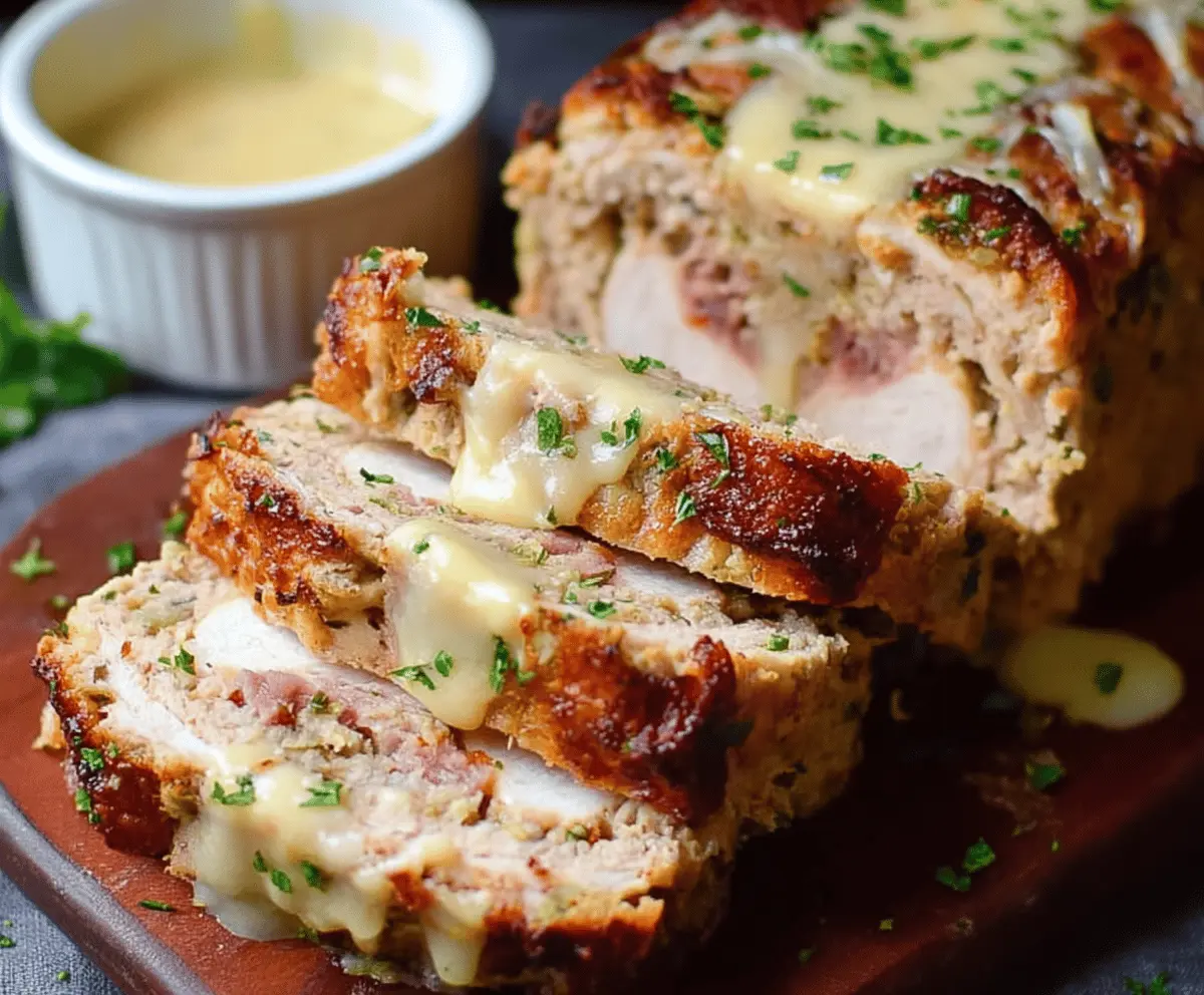 Delicious Chicken Cordon Bleu Meatloaf topped with melted cheese and crispy ham slices, served on a white plate, perfect for a savory dinner