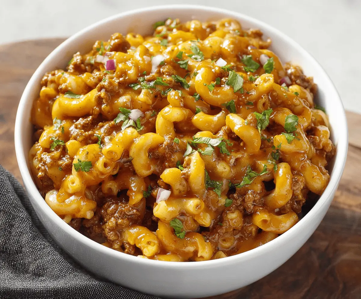 Delicious homemade chili mac with melted cheese, seasoned ground beef, and pasta served in a bowl, perfect comfort food recipe