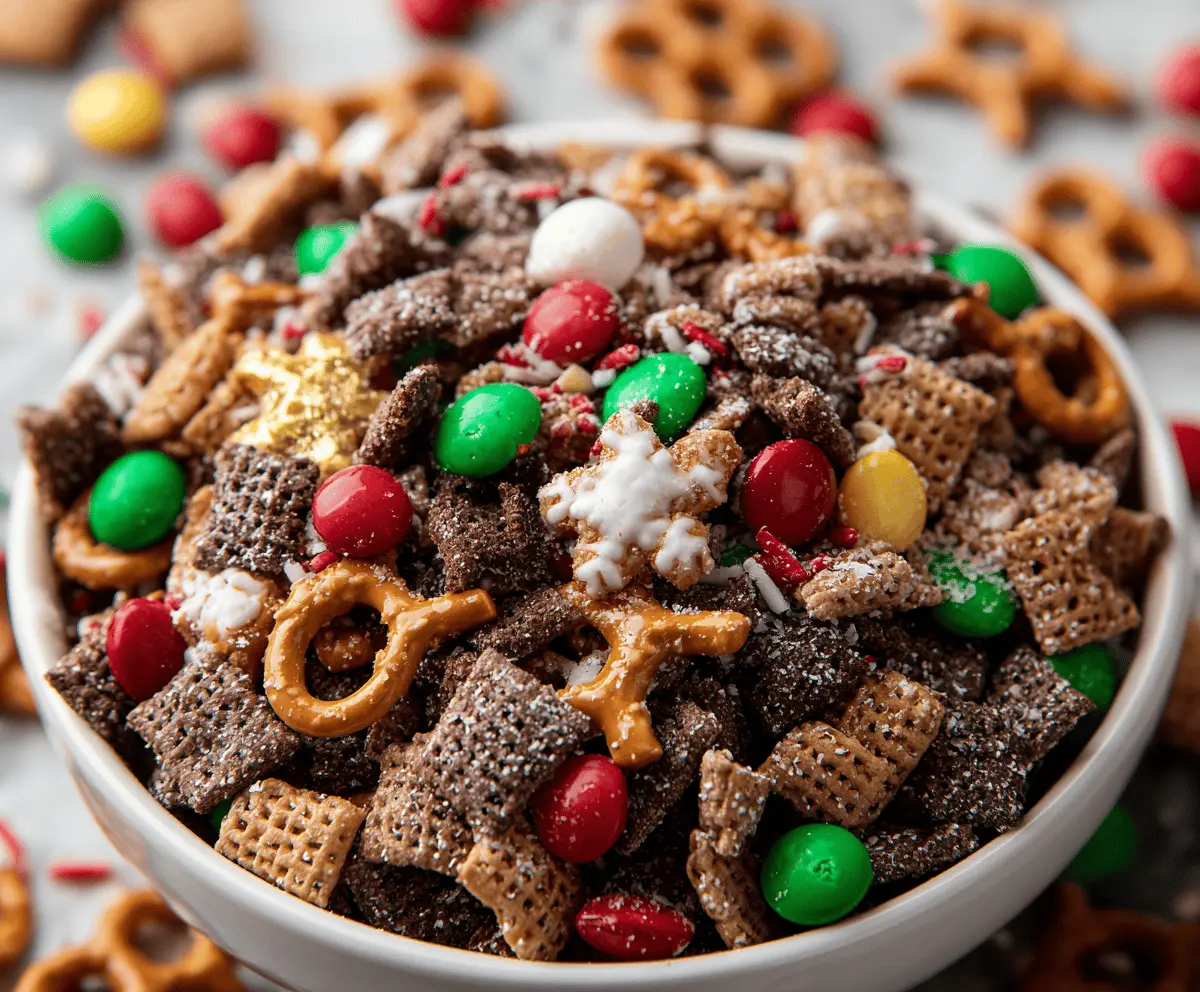 Colorful Christmas Cookie Crunch Mix featuring festive cookies, candy canes, and sprinkles for holiday snacking