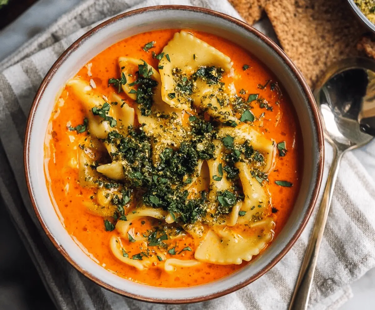 Creamy vegan pasta soup with vegetables and herbs in a bowl, perfect for a cozy comfort meal