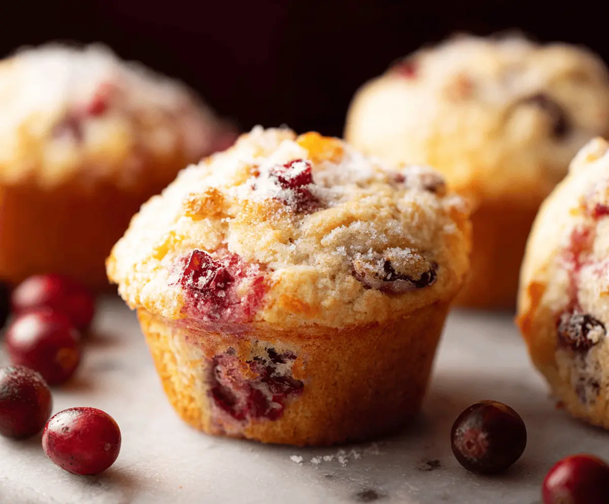 Delicious homemade cranberry muffins topped with fresh cranberries and a golden crust, perfect for breakfast or brunch.