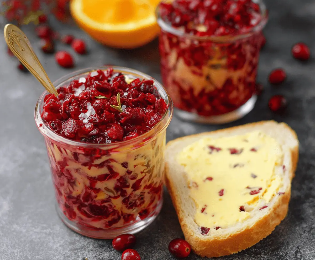 Delicious Cranberry Orange Butter spread with fresh cranberries and orange zest on a rustic wooden table.