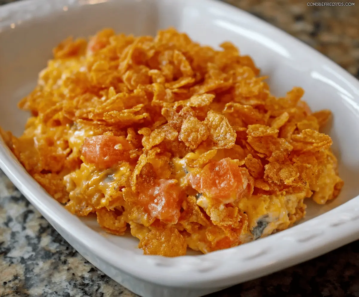 Creamy Carrot Cornflakes Casserole served in a baking dish with fresh herbs.