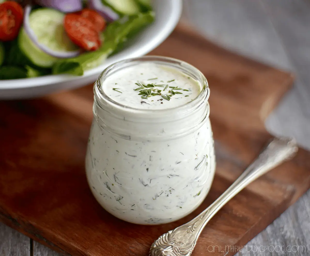 Creamy feta dressing served in a bowl with fresh herbs, ideal for salads and wraps