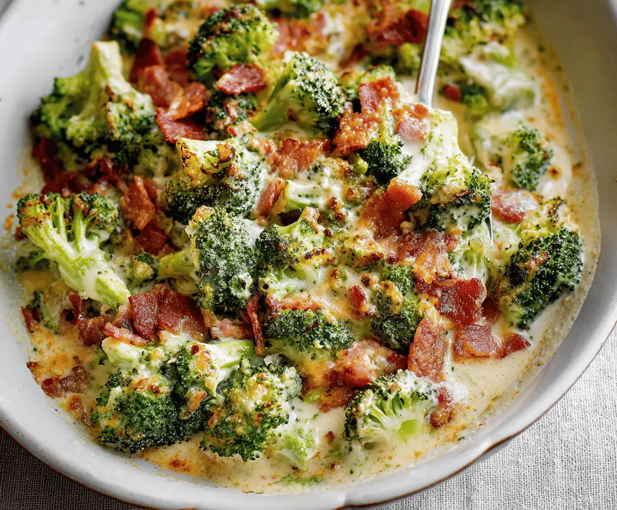 Creamy Garlic Parmesan Broccoli topped with crispy bacon slices, garnished with fresh herbs, served as a flavorful side dish.