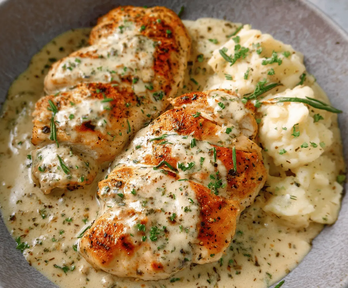 Delicious creamy ranch chicken served with fresh herbs on a white plate.