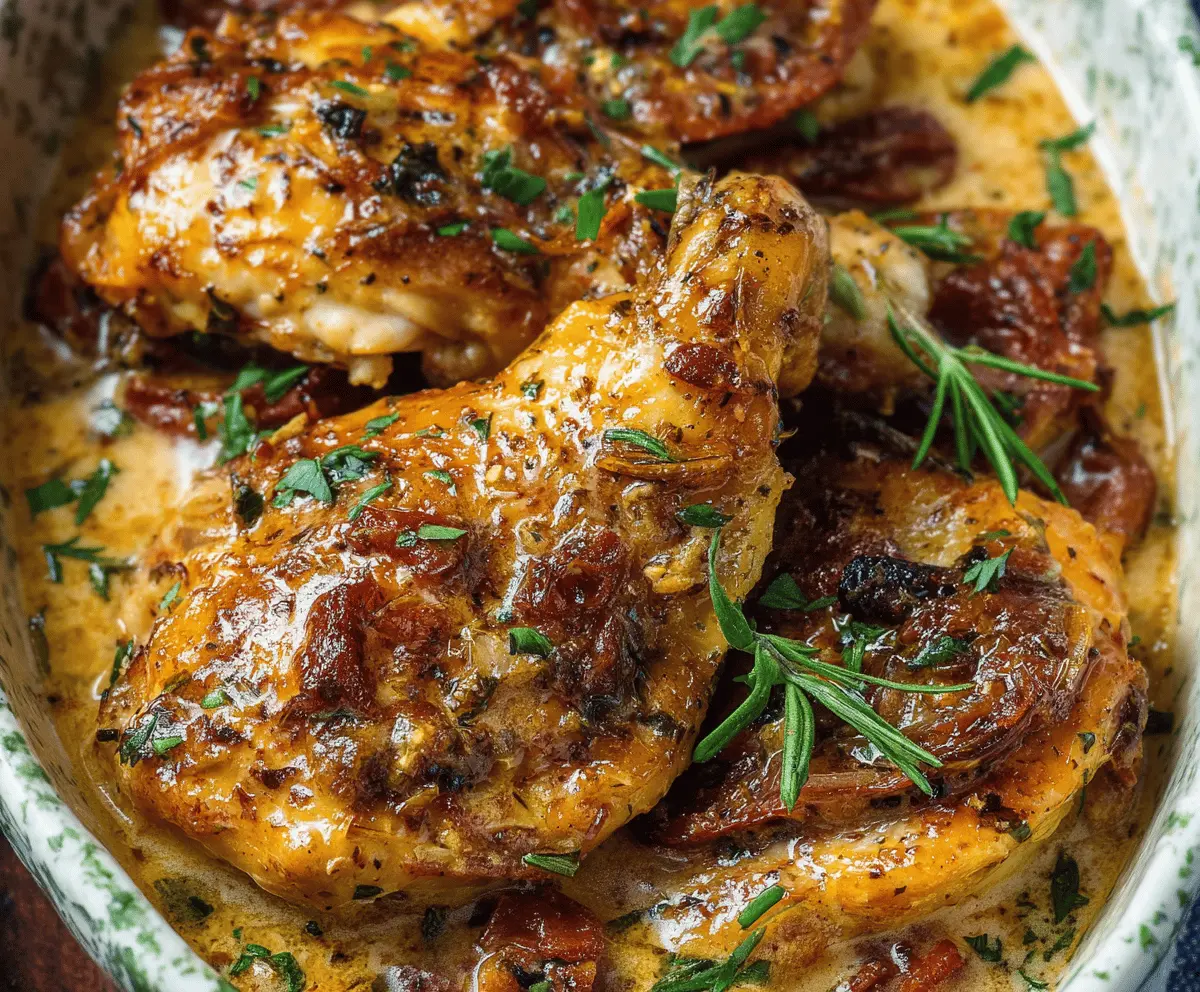 Creamy Crockpot Marry Me Chicken served with fresh herbs and a side of vegetables in a white bowl.