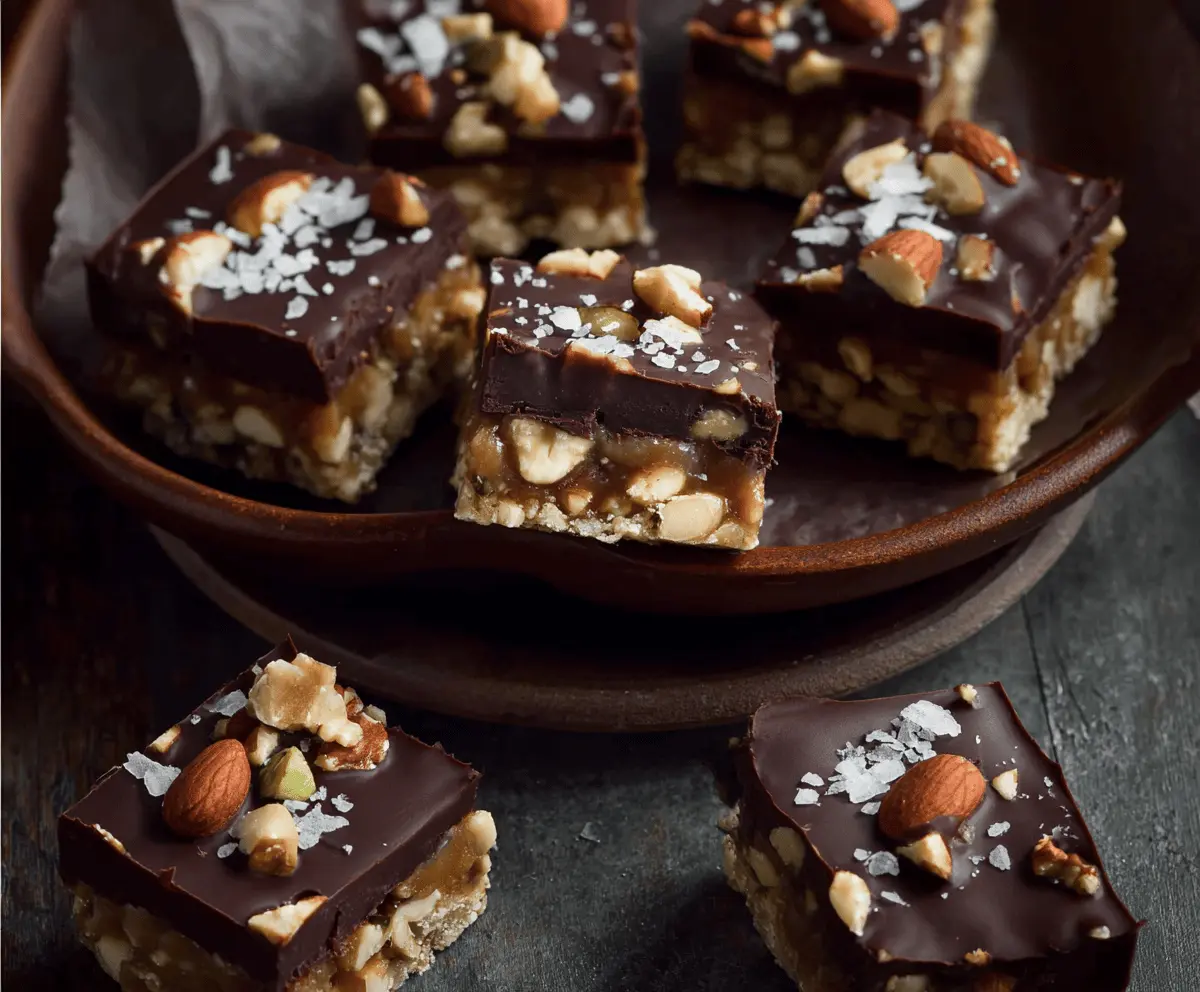 Delicious dark chocolate nut squares topped with chopped nuts and a glossy chocolate coating, perfect for a sweet treat.