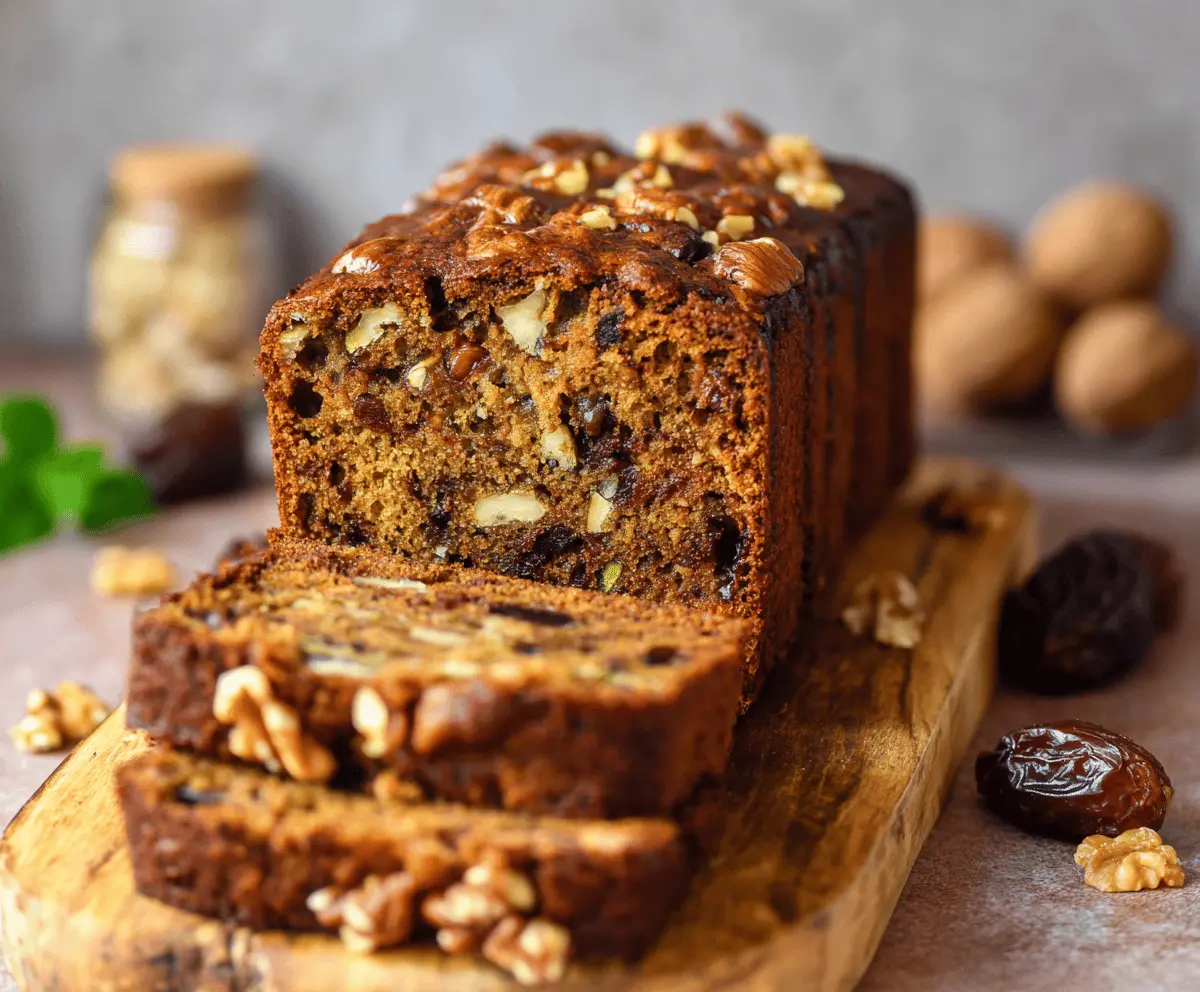 Delicious Date & Walnut Tea Cake with a golden crust, topped with chopped walnuts and slices of fresh dates, served on a rustic plate