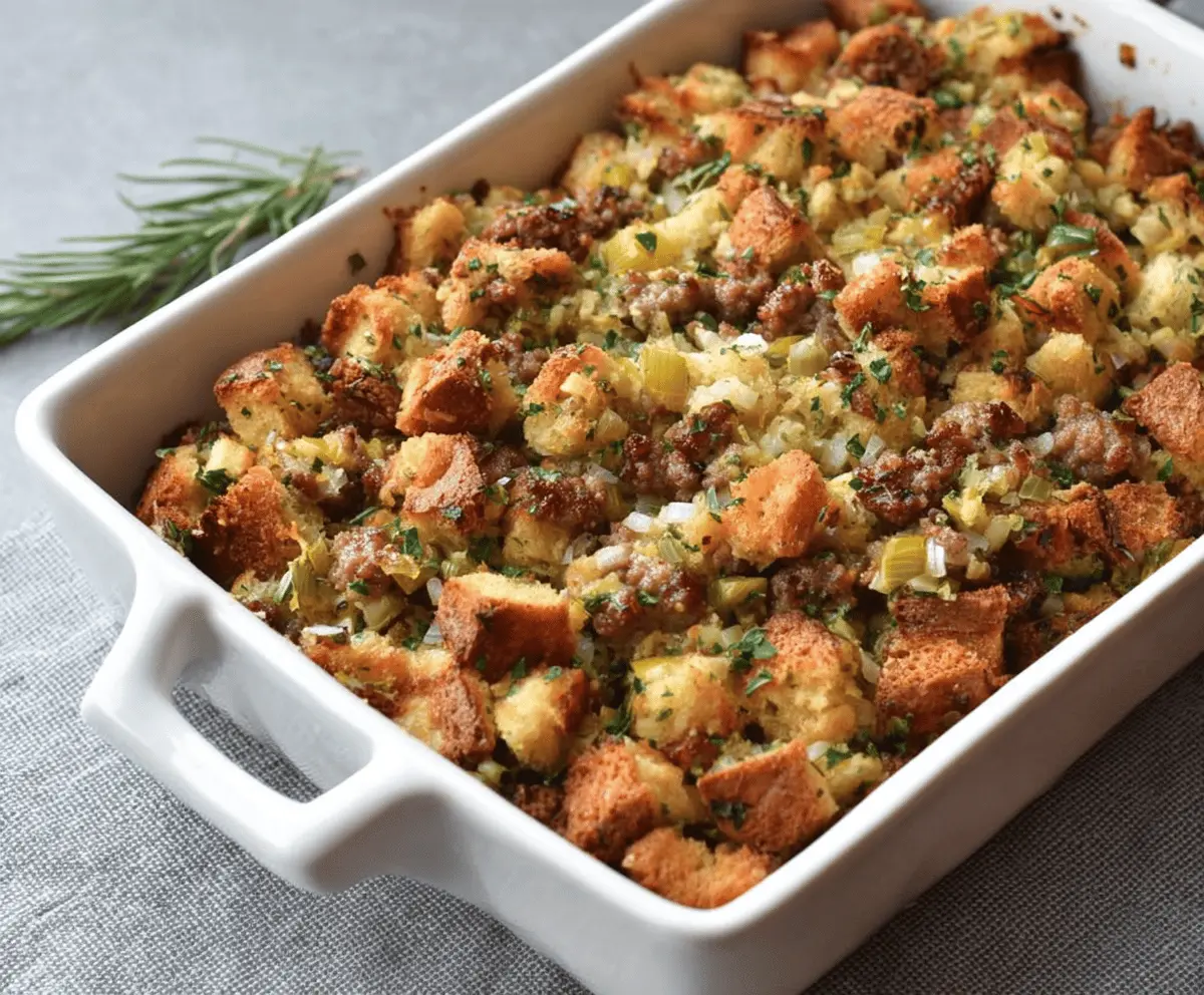 Delicious homemade sausage and herb stuffing served in a baking dish, perfect for holiday dinners