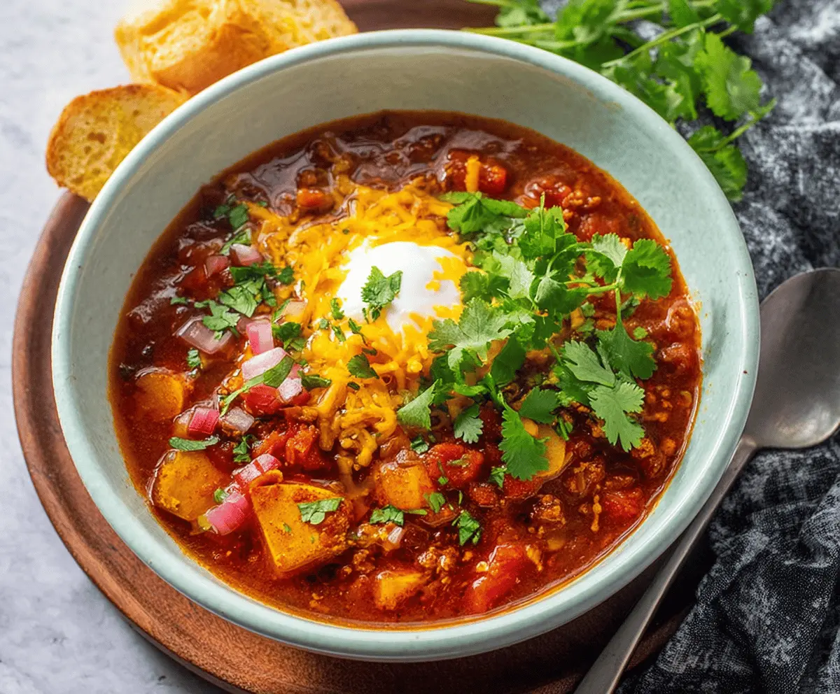 A steaming bowl of flavorful pumpkin chili garnished with fresh herbs and topped with sour cream, perfect for cozy fall meals.