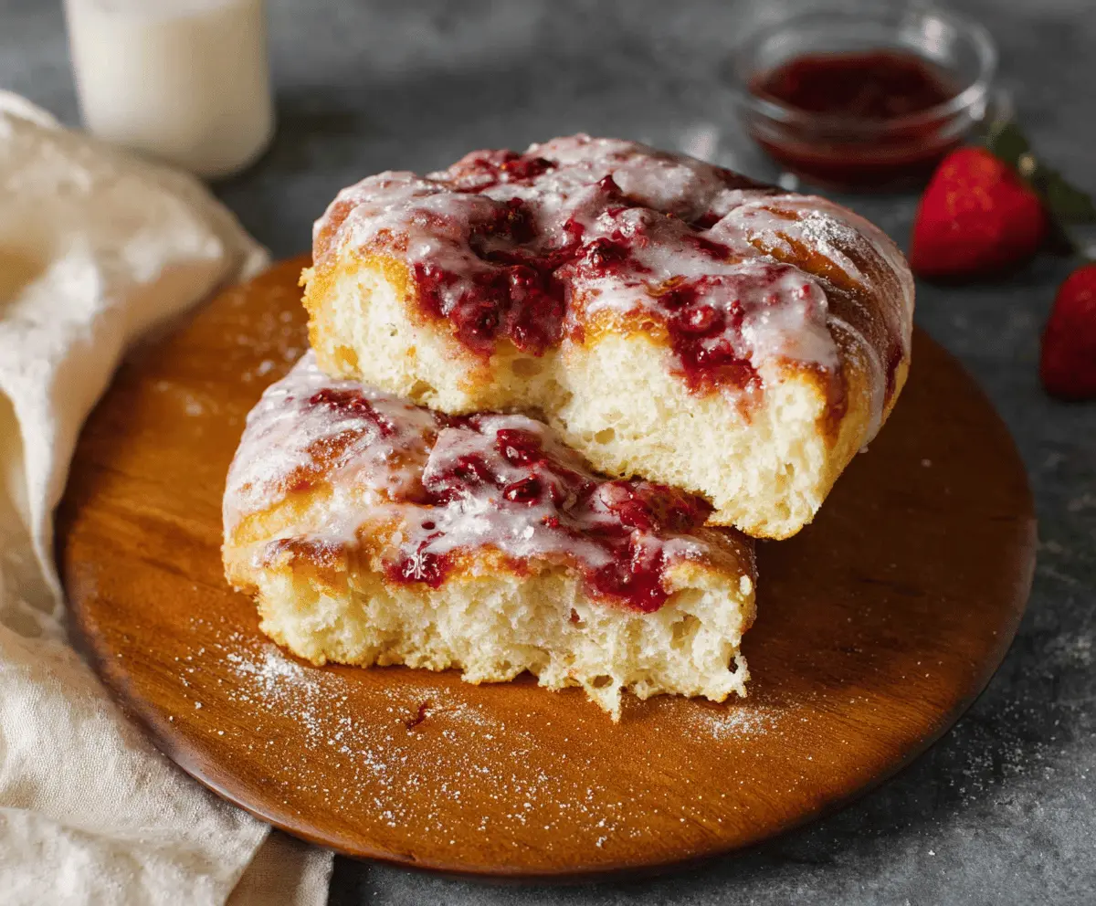 Delicious fluffy jam-filled donut focaccia topped with powdered sugar and fresh fruit, perfect for breakfast or dessert
