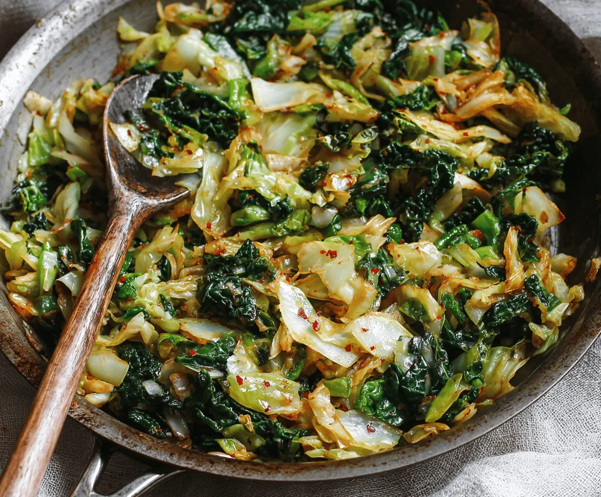Savory garlic sautéed cabbage and kale skillet, healthy vegetable side dish with golden garlic and fresh greens