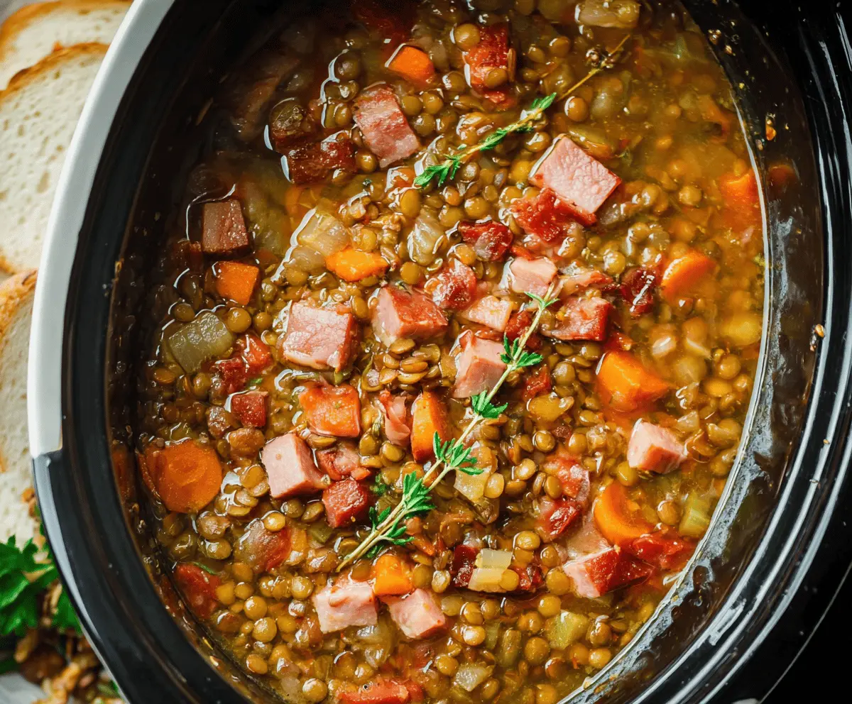 Delicious Ham and Lentil Soup with Fresh Vegetables in a bowl, healthy and hearty meal.