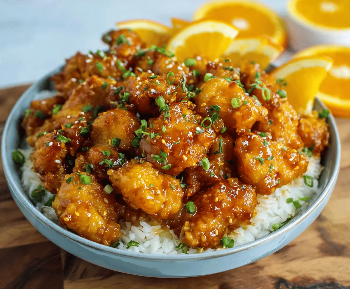 Delicious homemade orange chicken served on a white plate with orange slices and garnished with green onions, perfect for a flavorful Asian-inspired meal.