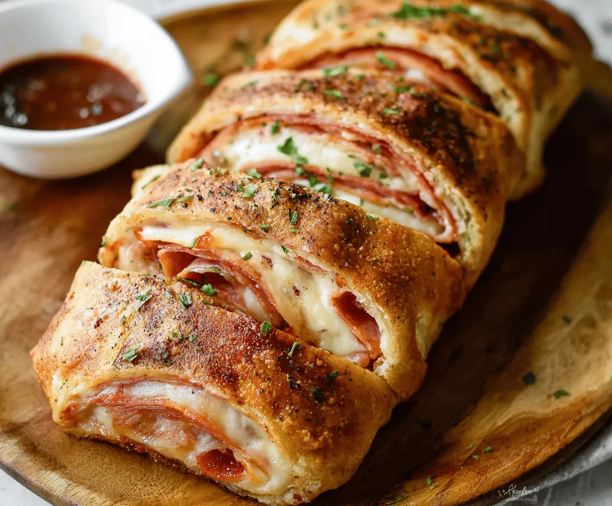 Delicious homemade stromboli filled with melted cheese, pepperoni, and fresh vegetables, baked to perfection