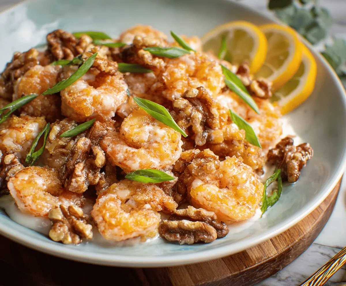 Delicious Honey Walnut Shrimp served on a plate with crispy walnuts and fresh greens, perfect for a sweet and savory seafood meal