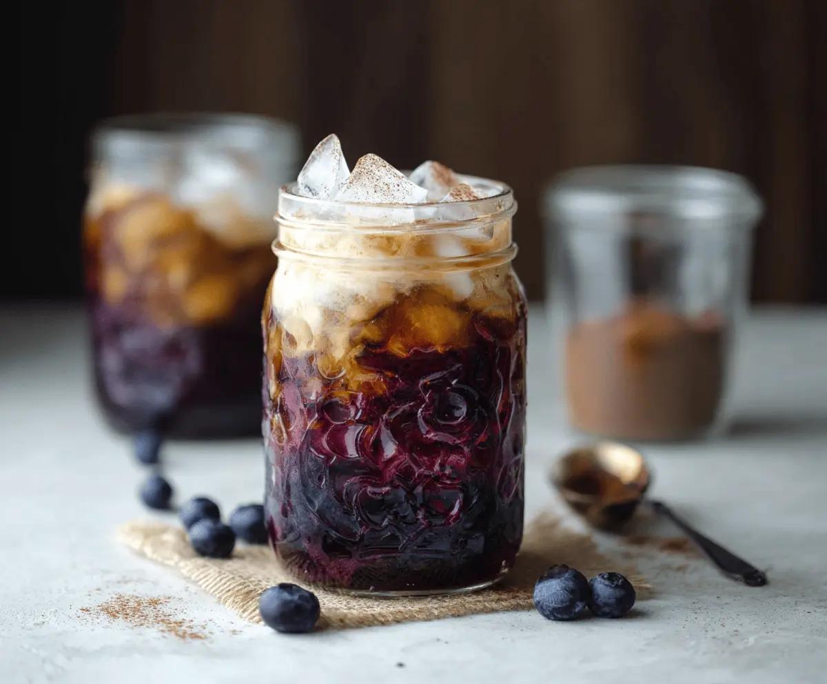 Iced Cinnamon Brown Sugar Blueberry Coffee served in a glass with fresh blueberries and cinnamon stick garnishes.