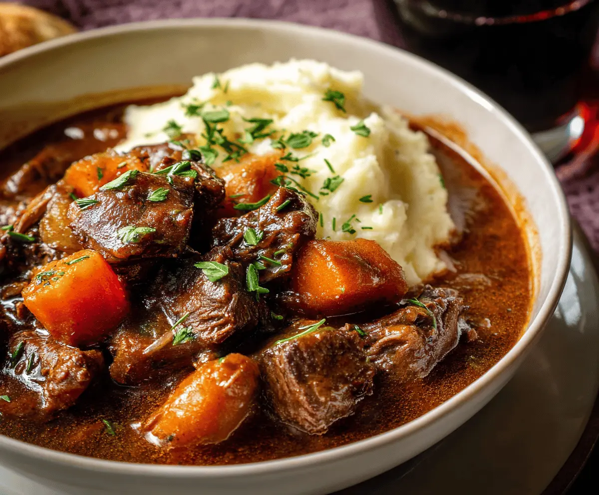 Delicious Instant Pot Red Wine Beef Stew with tender beef, carrots, potatoes, and fresh herbs in a rich, savory sauce