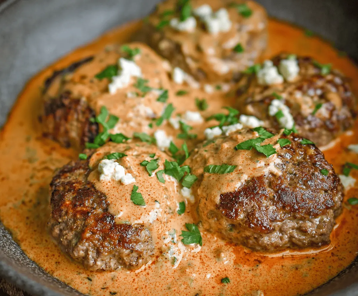 Keto feta burgers topped with creamy tomato sauce on a plate, low-carb gourmet burger recipe with fresh ingredients