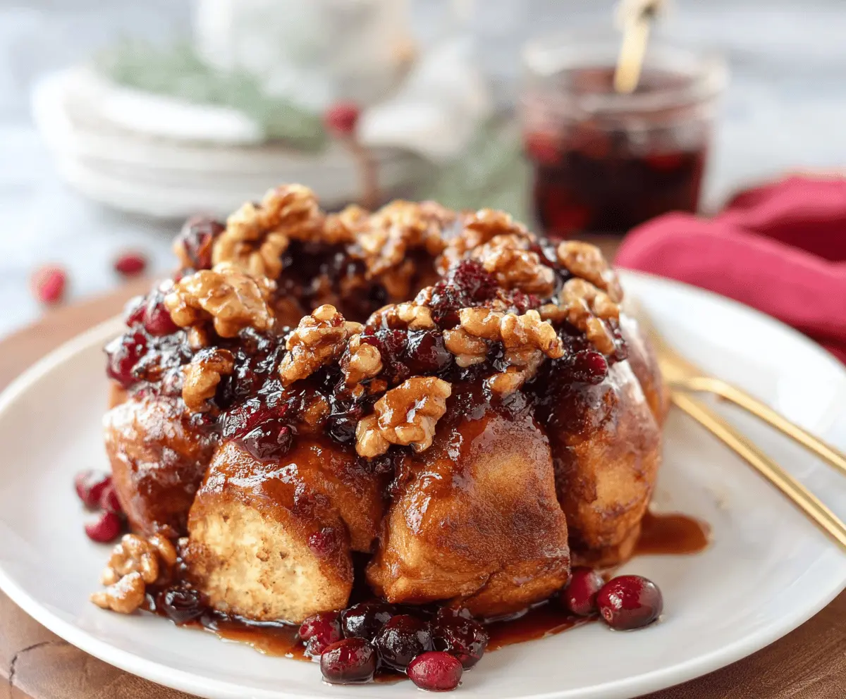 Delicious Maple Cranberry Walnut Monkey Bread served in a baking dish with drizzled maple syrup and fresh cranberries, perfect for holiday gatherings.