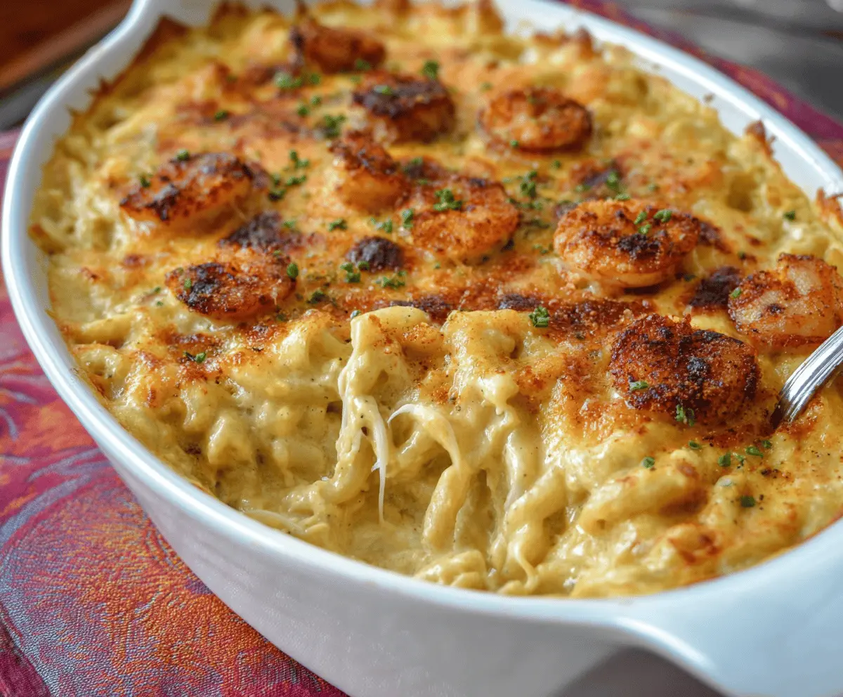 Creamy New Orleans Baked Mac and Cheese topped with golden breadcrumbs, served in a oven-safe dish.