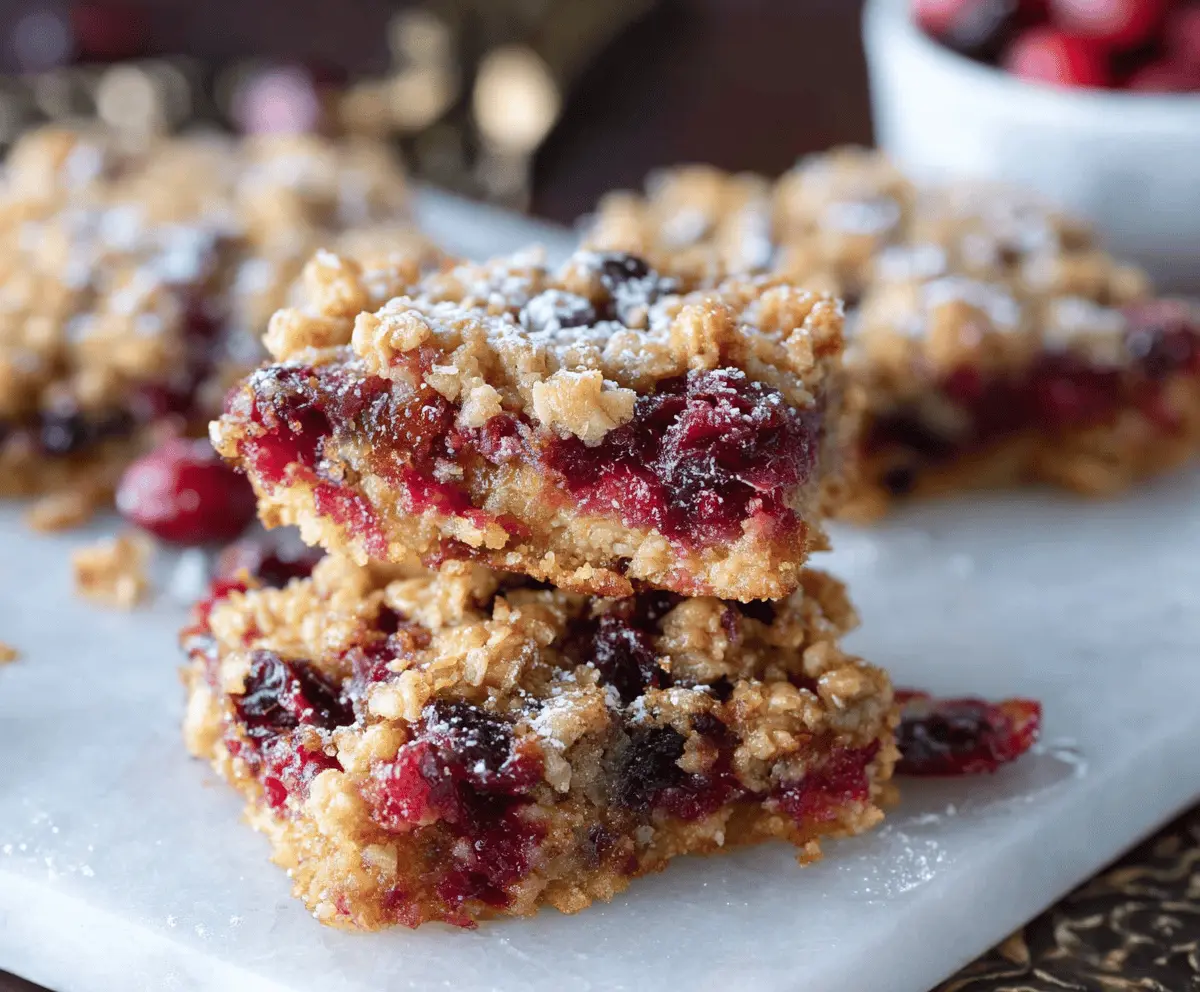 Delicious homemade oatmeal cranberry bars with a golden crust and vibrant red cranberries on top, perfect for a healthy snack or dessert.