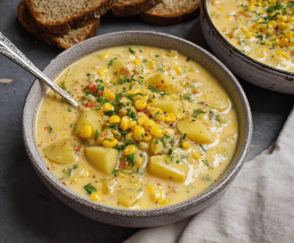 Creamy one-pot corn and potato chowder in a bowl, garnished with fresh herbs, served with bread on a rustic wooden table.