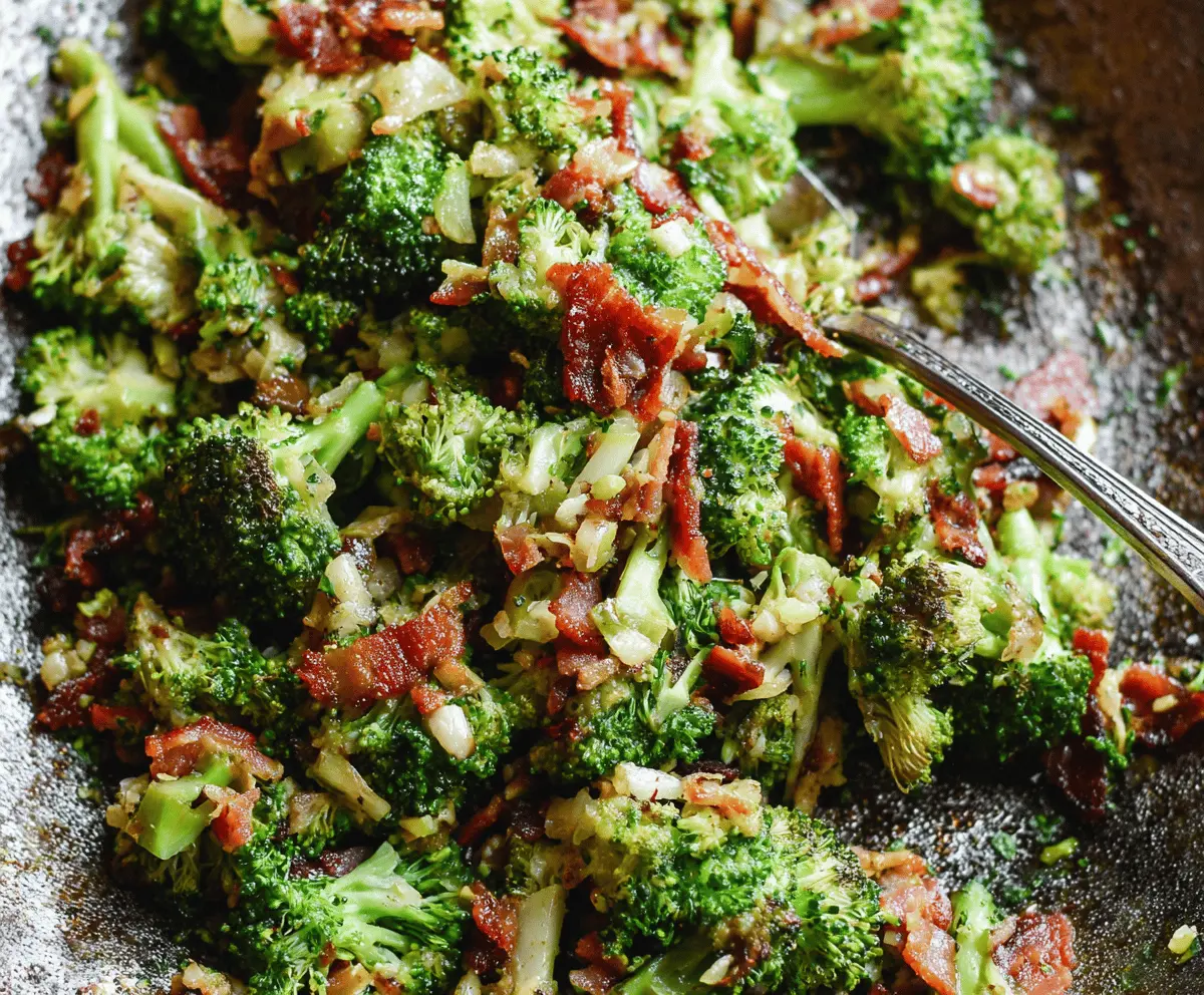 Delicious pan-fried garlic bacon broccoli dish served on a plate