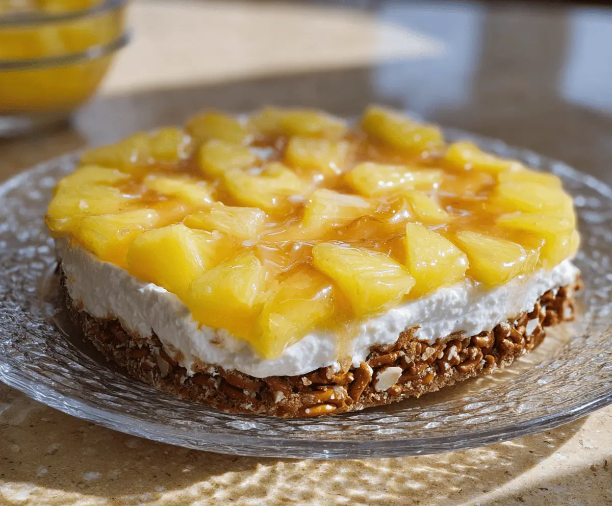 Sweet and salty Pineapple Pretzel Delight dessert featuring caramelized pineapple slices layered with crunchy pretzels and whipped cream for a delicious treat