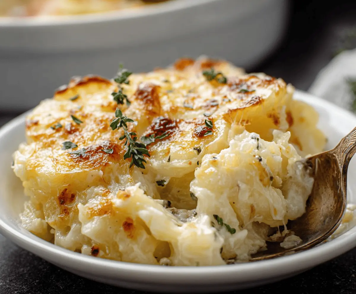 Delicious Potatoes Romanoff topped with creamy cheese and fresh herbs on a white serving dish.