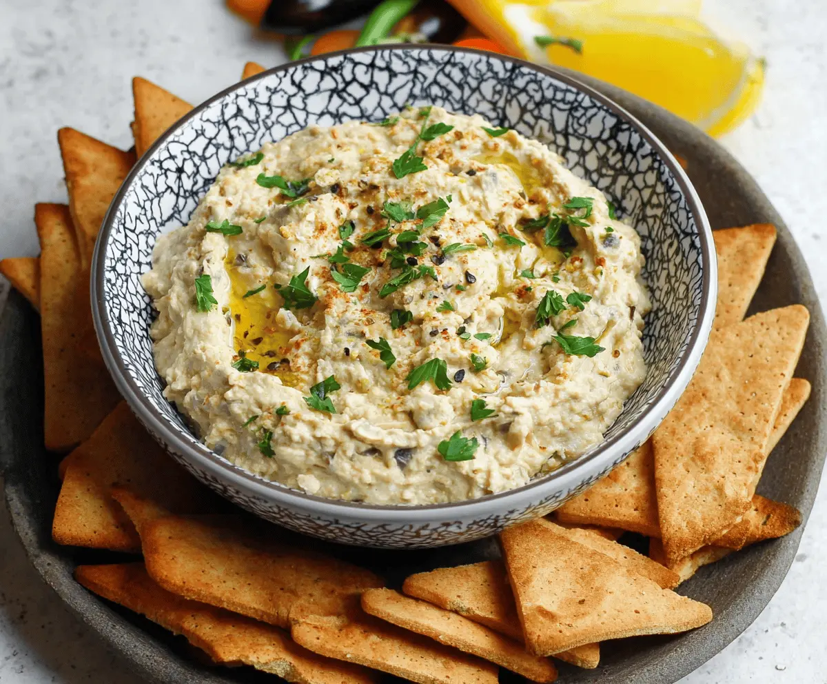 Creamy roasted eggplant dip garnished with fresh herbs and olive oil, served in a white bowl on a rustic wooden table.