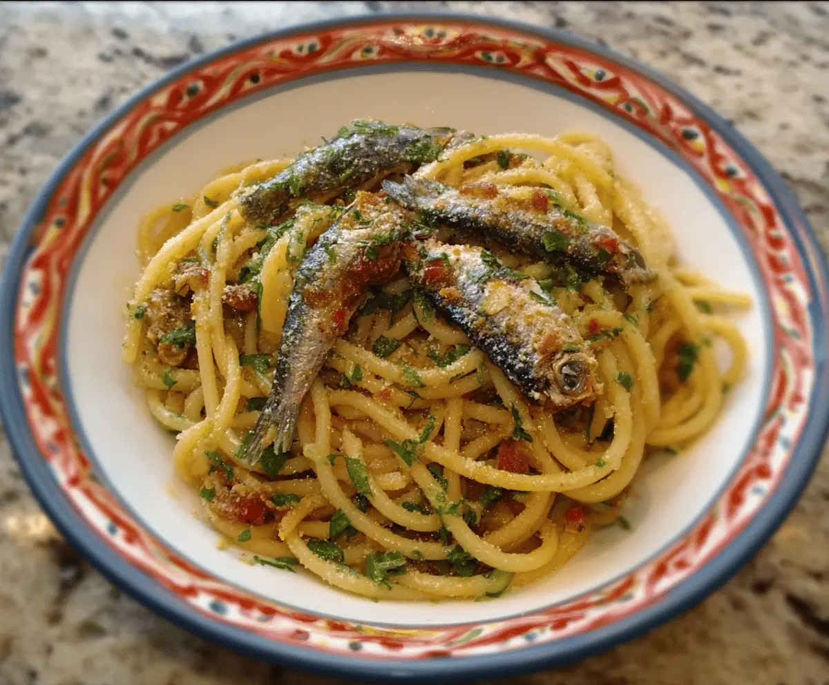 Delicious Sicilian spaghetti pasta with fresh sardines, garlic, and olive oil, served as a traditional Italian seafood dish.