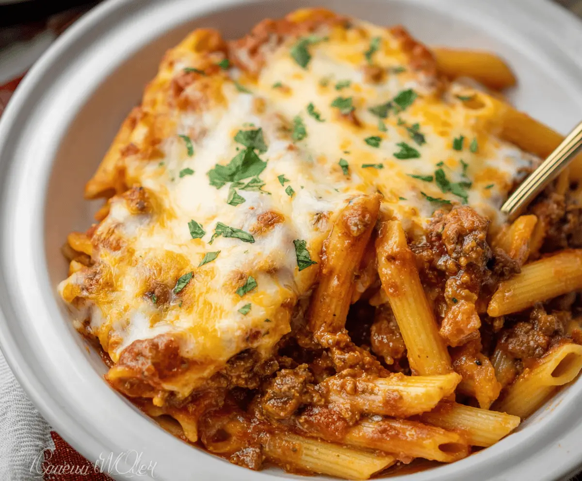 Delicious slow cooker baked ziti with melted cheese and rich tomato sauce, served in a casserole dish.