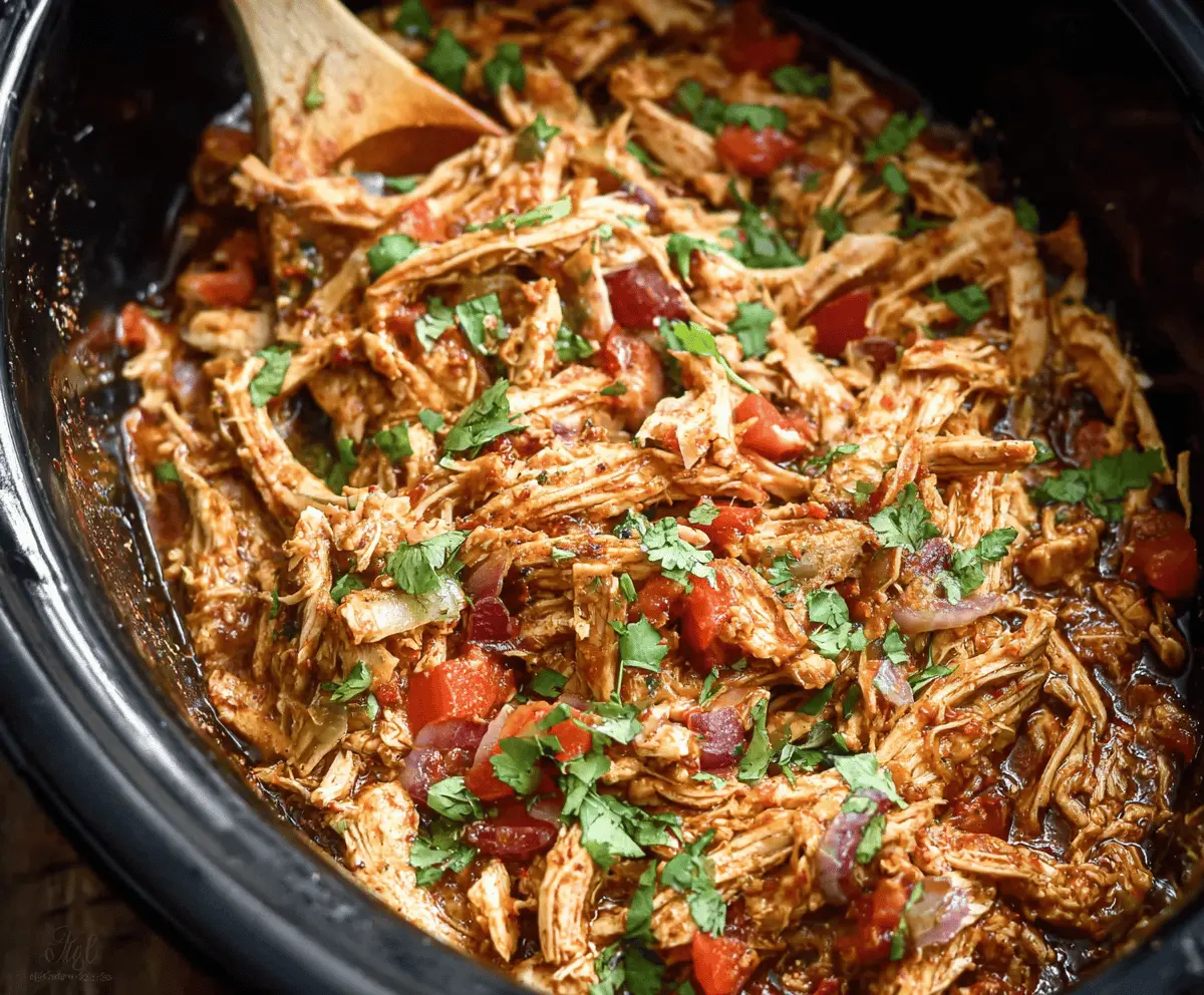 Juicy shredded Mexican chicken cooking in a slow cooker, perfect for tacos or burritos.