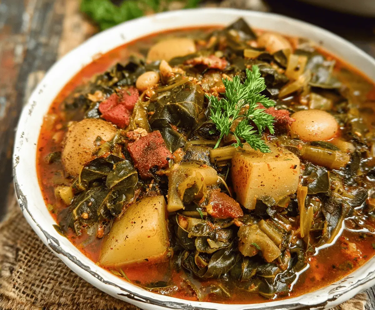 A steaming bowl of Southern Collard Green Potato Stew featuring tender collard greens, hearty potatoes, and savory broth, served with fresh herbs for a comforting Southern-inspired meal.