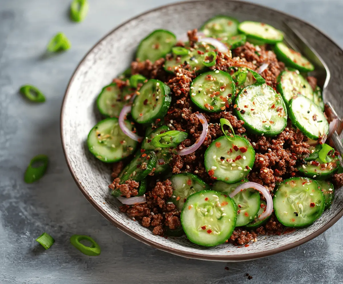 Spicy keto Korean ground beef served with fresh cucumber salad, low-carb Asian-inspired meal