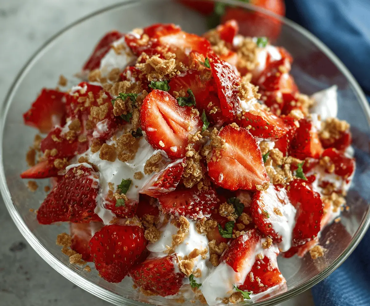 Fresh strawberry crack salad with colorful marshmallows, chopped nuts, and a creamy dressing served in a glass bowl