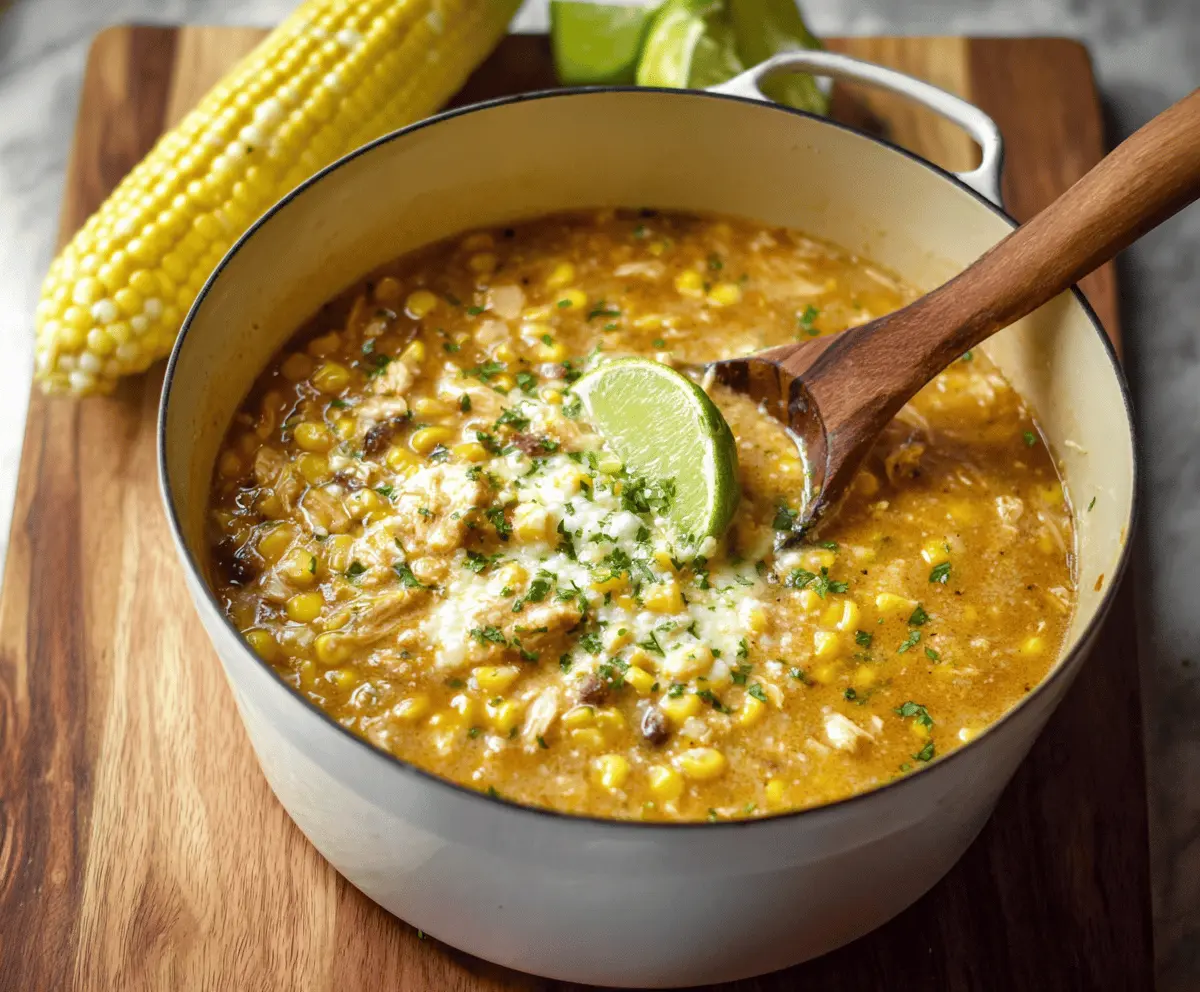 Delicious Street Corn Chicken Chili served in a bowl with garnishes and fresh herbs, perfect for a flavorful and spicy meal