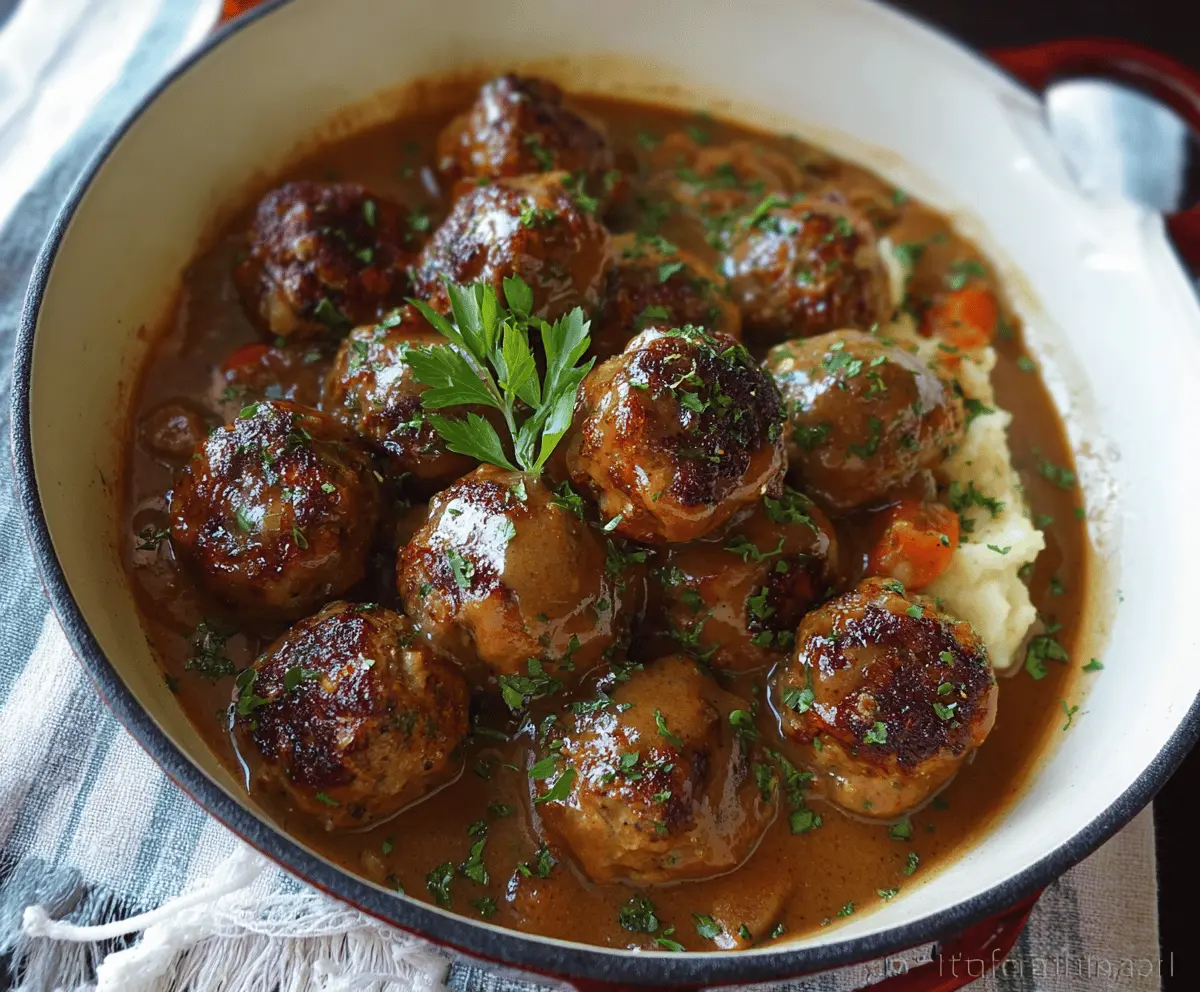 Delicious stuffed meatballs served in rich Guinness gravy, garnished with fresh herbs for a hearty, savory meal.