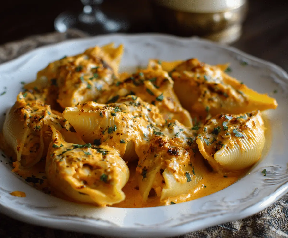 Delicious stuffed pasta shells topped with creamy pumpkin sauce, garnished with herbs, perfect for fall dinners.