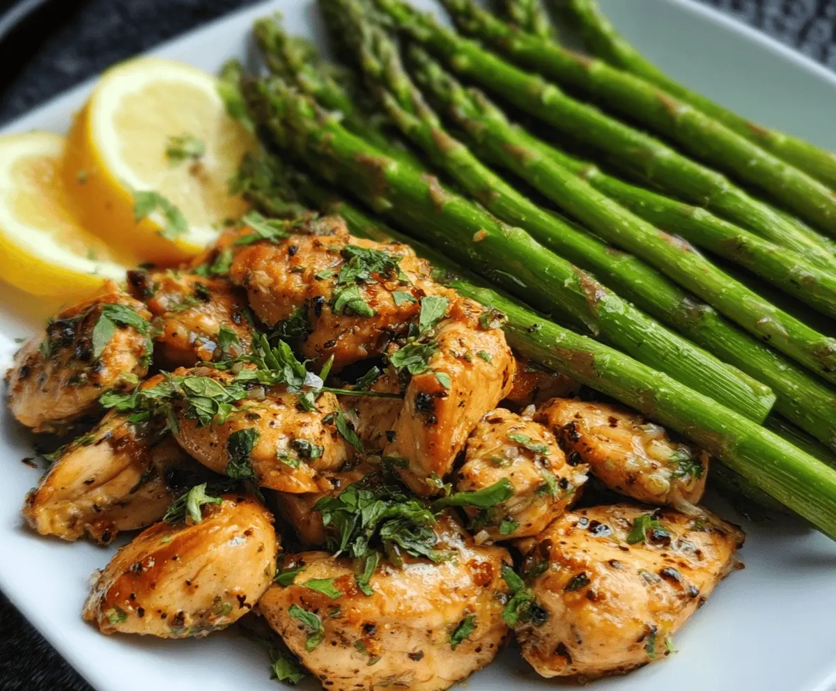 Delicious tender garlic butter chicken bites served with fresh asparagus on a white plate, perfect for a savory and healthy meal.