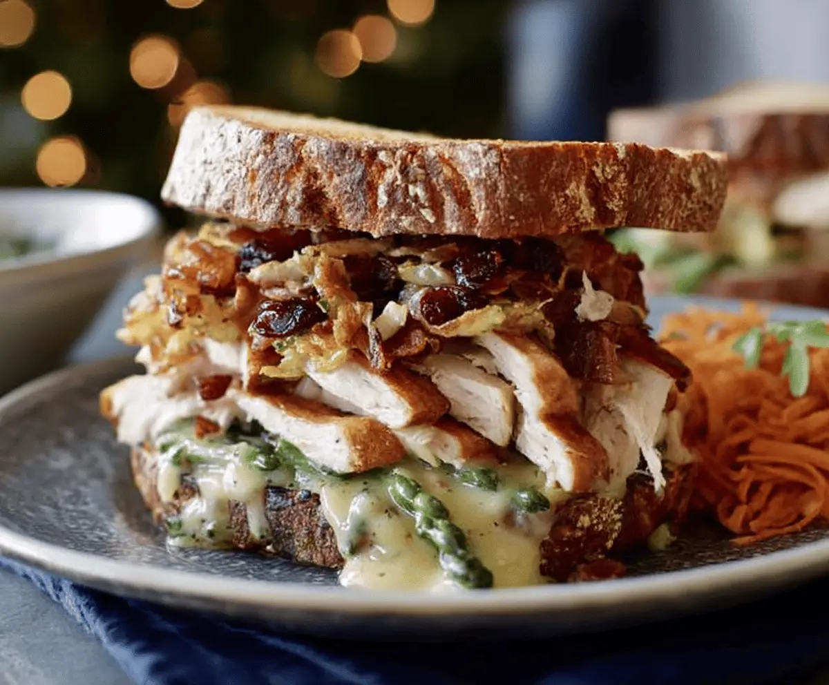 Delicious Thanksgiving leftovers sandwich with turkey, stuffing, cranberry sauce, and cranberry relish on a toasted bun, perfect for a festive meal