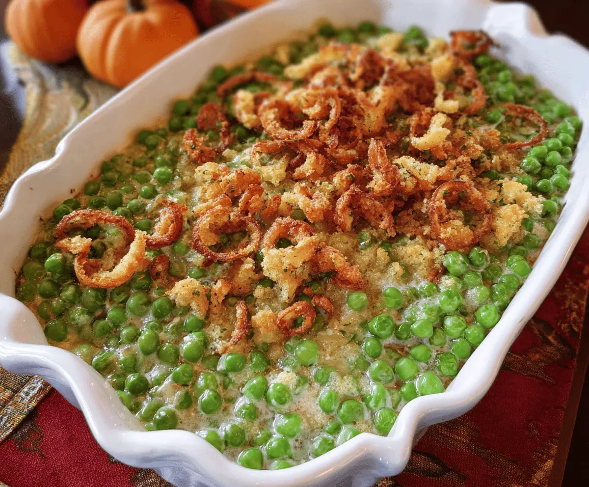 Creamy seasoned peas side dish for Thanksgiving dinner, featuring fresh green peas garnished with herbs and spices.