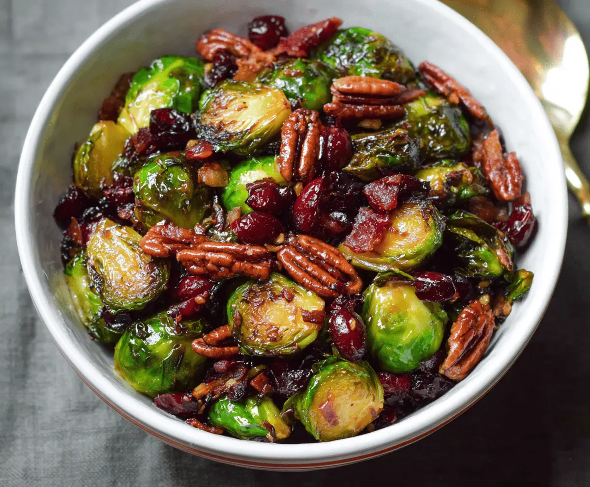 Thanksgiving Side Dish - Brussels sprouts with Bacon, Pecans, Cranberries, and Balsamic Glaze.