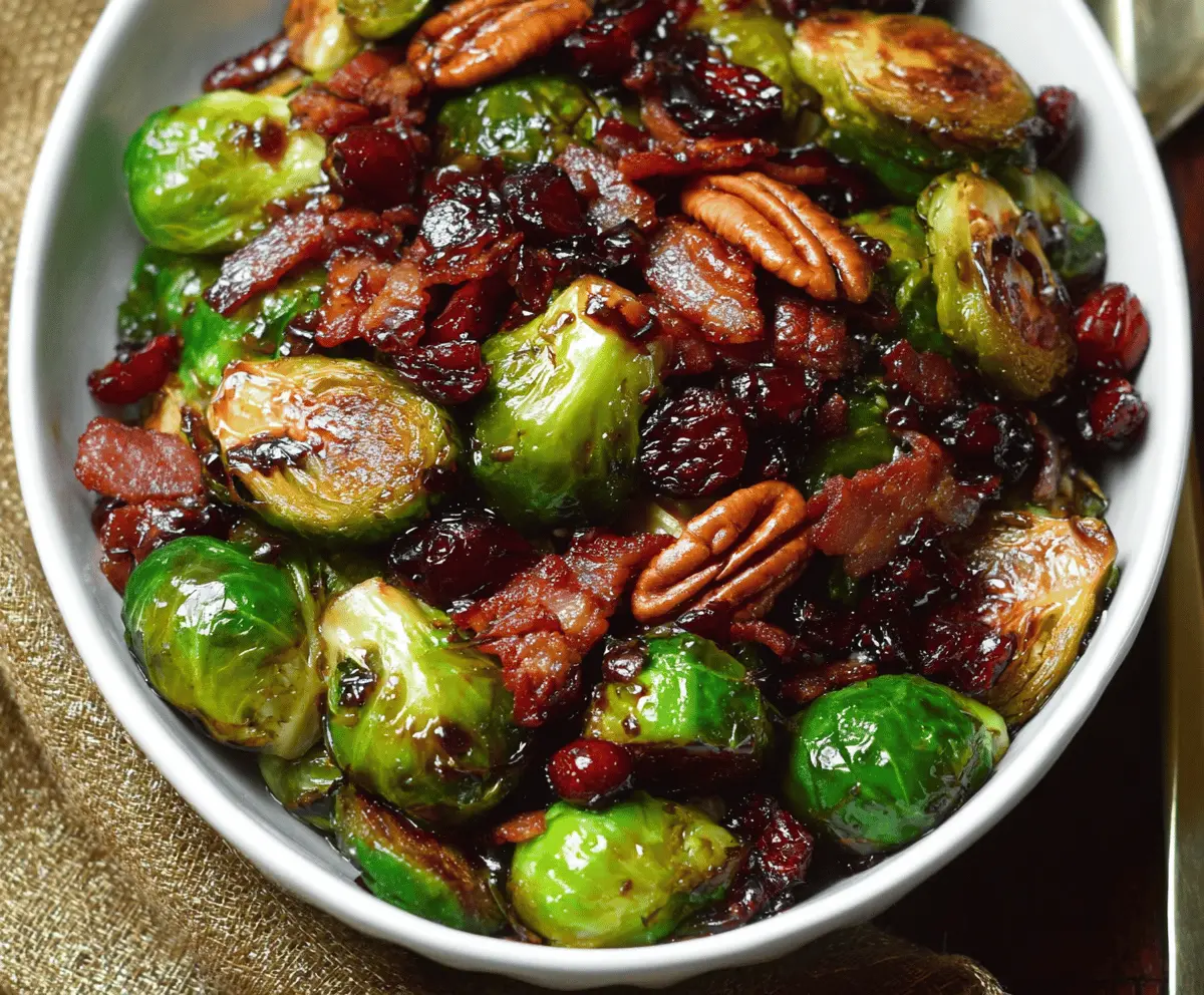 Delicious Thanksgiving side dish featuring roasted Brussels sprouts with crispy bacon, toasted pecans, vibrant cranberries, and a balsamic glaze drizzle.