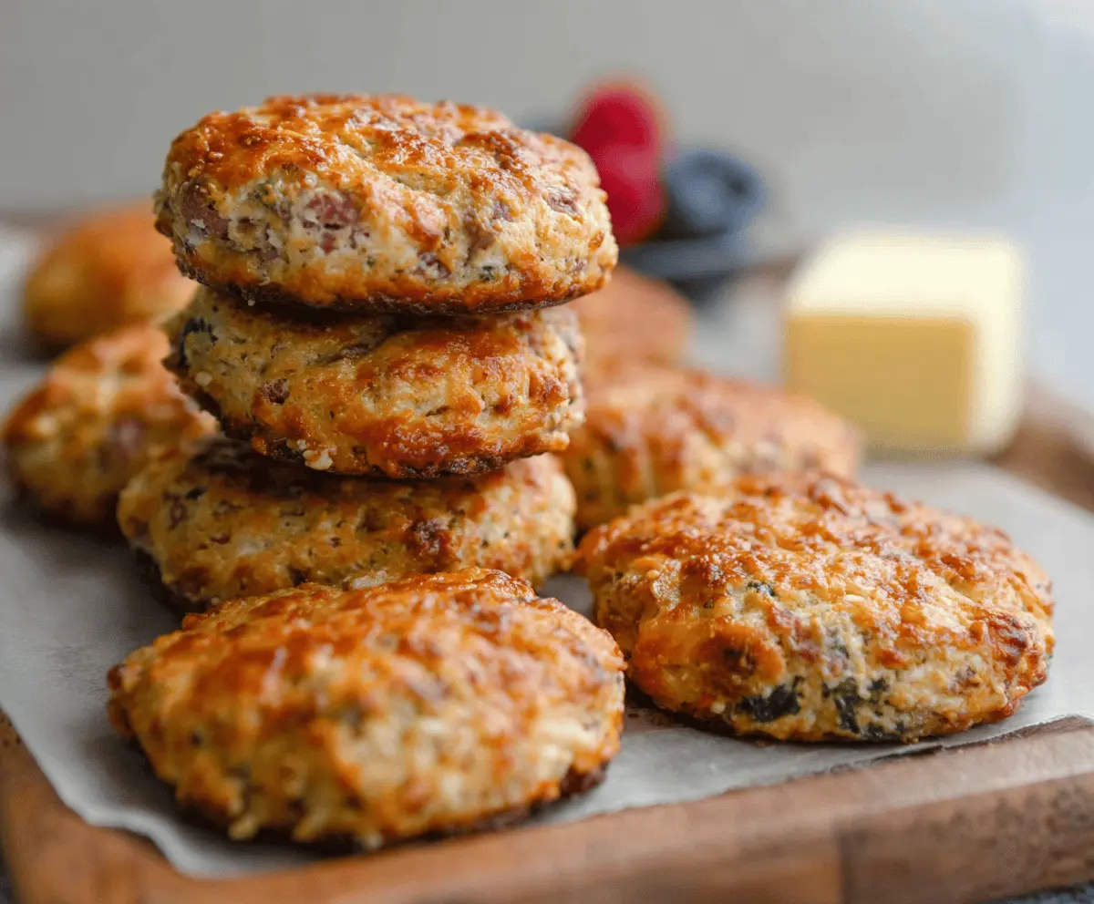 Delicious homemade breakfast protein biscuits on a plate, perfect for a healthy morning meal with a golden-brown crust and soft interior