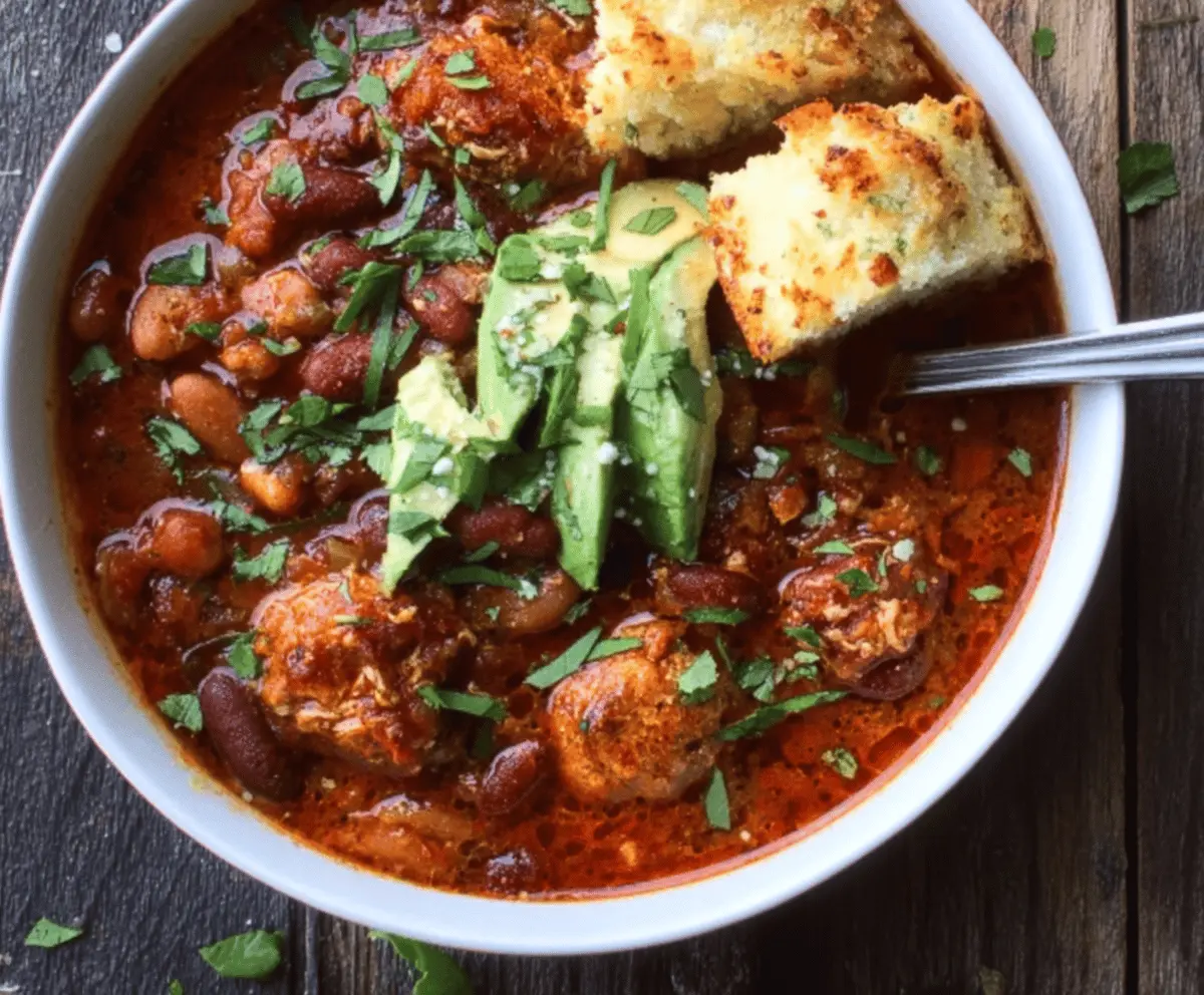 Delicious Three Bean Turkey Chili served with creamy Honey Jalapeño Grits in a bowl on a rustic wooden table