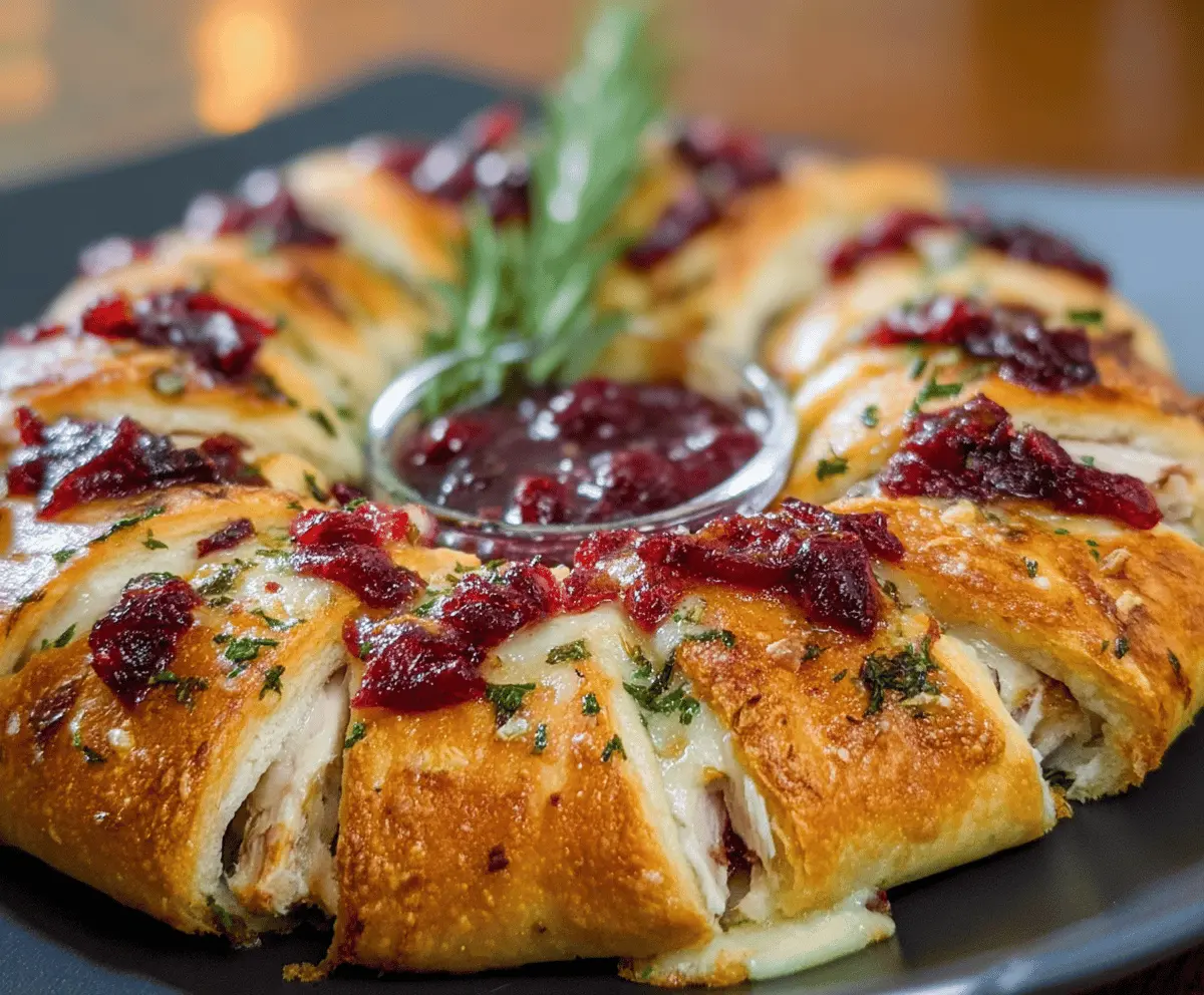 Delicious Turkey Cranberry Crescent Ring served hot with golden-brown flaky crescent dough, filled with tender turkey and tangy cranberry sauce, perfect for holiday gatherings.